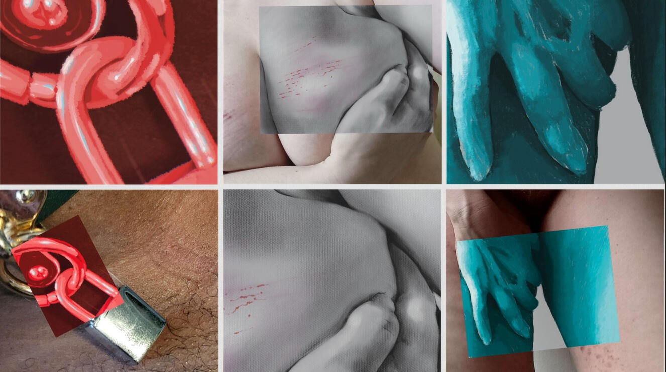 6 pictures paired up together with the illustration and how it fits into the original reference photo. The first pair are of a pink tinted lock on a collar that MJ-TheSkyWitch is wearing. The second pair are of impact-play marks across Tongue-Twists breast