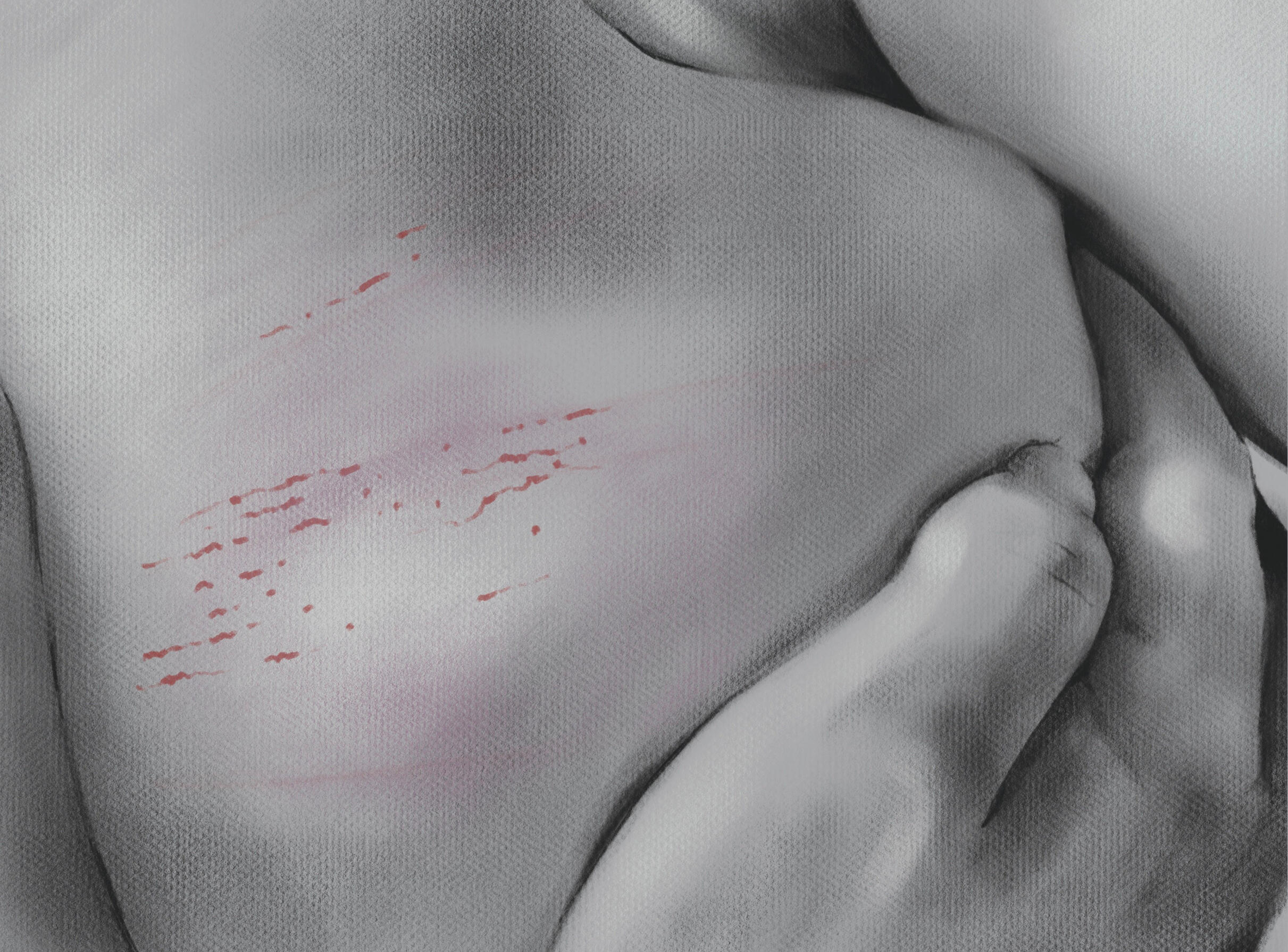 A pencil and chalk art study of Tongue-Twists holding their breast with switch-marks from an impact play session.